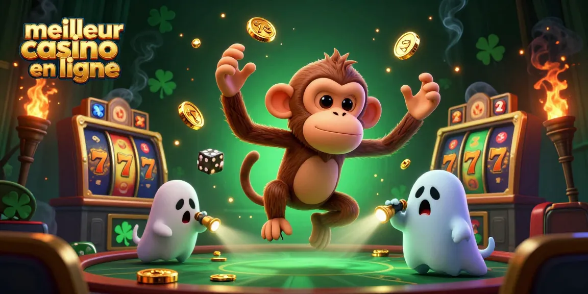 Le meilleur casino en ligne présente une scène animée avec un singe fantomatique et un chiot chasseur, entourés de jackpots et de symboles dorés.