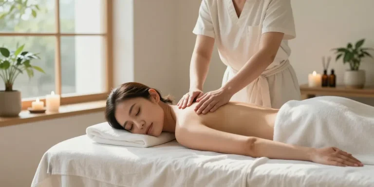 편안한 분위기의 1인샵 마사지 공간에서 마사지 받는 여성