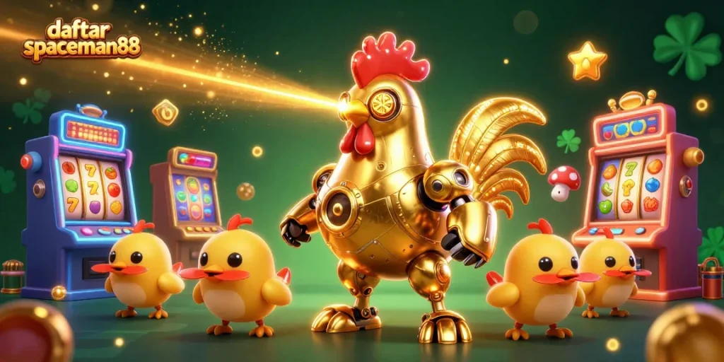 Engage in exciting gaming with daftar spaceman88 as golden rooster robot and drones illuminate slot machines.