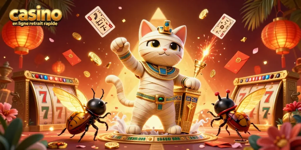 Le casino en ligne retrait rapide présente un chat momie égyptien et un scarabée portant des éléments de jeux.