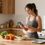 Engaged user tracking calories with the best calorie tracker app in a modern kitchen.