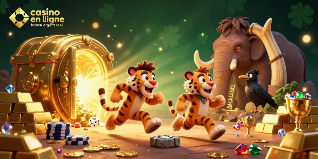 Venez découvrir le casino en ligne France argent réel avec une illustration de jeux et de trésors captivants.