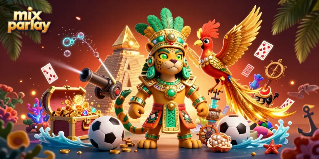Experience the excitement of mix parlay betting with vibrant 3D characters and casino elements.