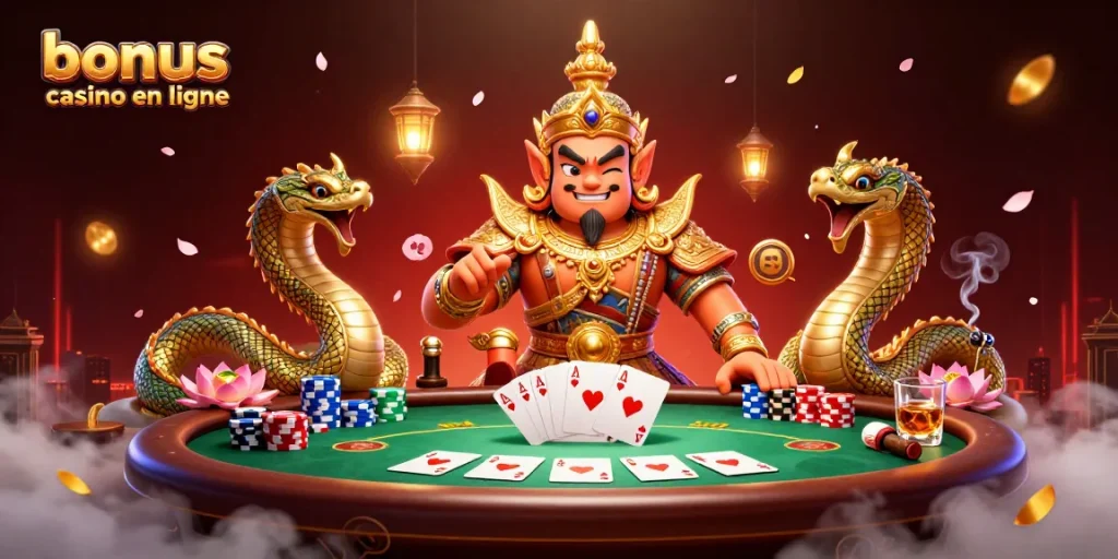 Profitez de l'ambiance vivante du bonus casino en ligne avec des gardiens et des serpents Naga.