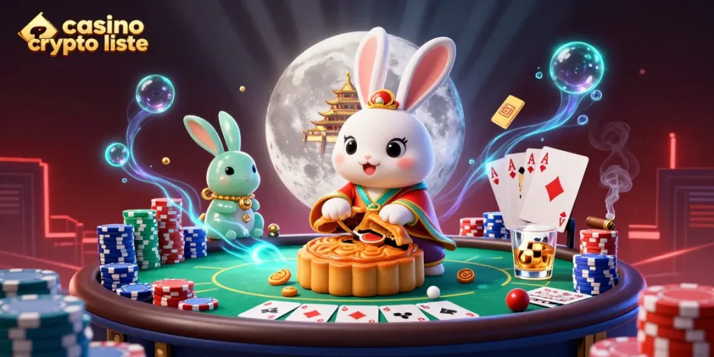 Illustration dynamique de la liste des casinos crypto avec un lapin de la lune et des éléments de jeux de casino.