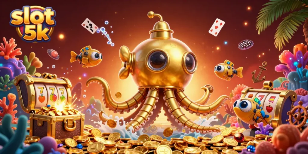 Play thrilling slot 5k games as a golden kraken submarine surfaces in a sea of coins.