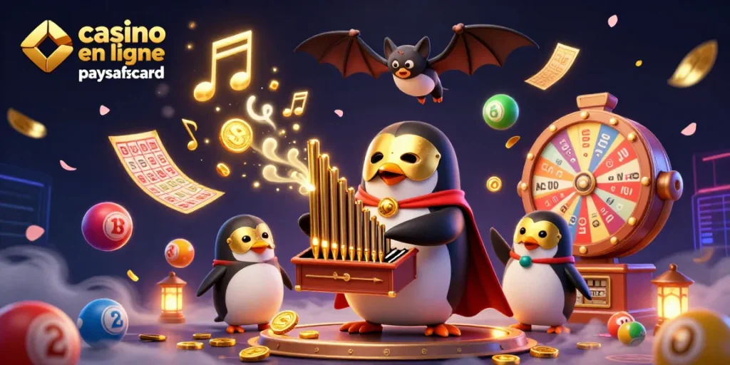 Découvrez l'univers du casino en ligne paysafecard avec une illustration vibrante d'un pingouin fantôme jouant, entouré de jeux dynamiques.