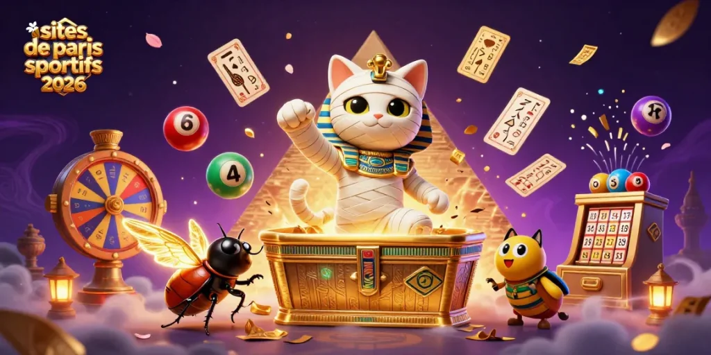 Visualisez les sites de paris sportifs 2026 avec un chat momifié, une scène animée de casino, et des éléments de loterie.