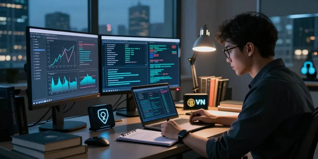 Researcher analyzing verified darknet market links 2026 in a modern cybersecurity study environment, focusing on operational security.