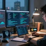Researcher analyzing verified darknet market links 2026 in a modern cybersecurity study environment, focusing on operational security.