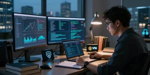 Researcher analyzing verified darknet market links 2026 in a modern cybersecurity study environment, focusing on operational security.