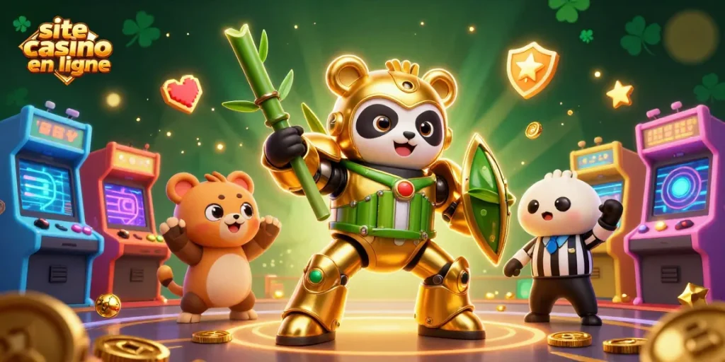 Illustration colorée représentant un site de casino en ligne avec des éléments de jeu animés et des personnages en 3D.
