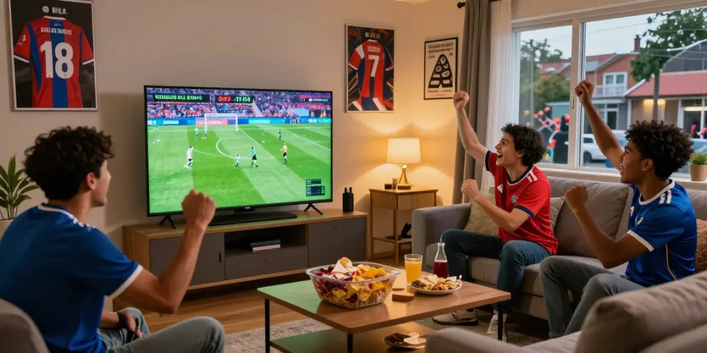 Penggemar nonton live streaming bola dengan semangat di ruang keluarga, bersorak-sorai saat menyaksikan pertandingan langsung di TV HD.