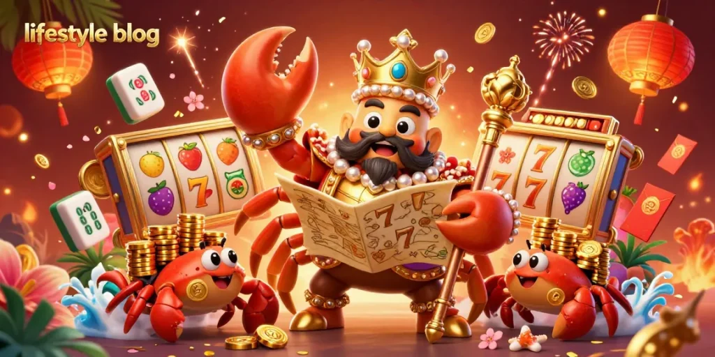 Experience the vibrant lifestyle blog scene with a golden crab emperor surrounded by floating casino symbols in a rich casino environment.