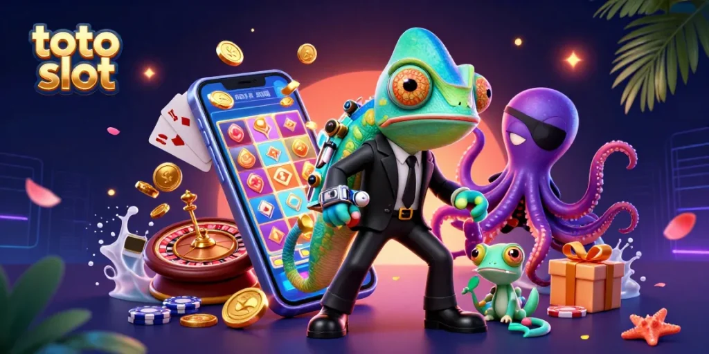Engage with exciting toto slot adventures featuring a colorful slot game, golden coins, and vibrant characters in a dynamic casino scene.