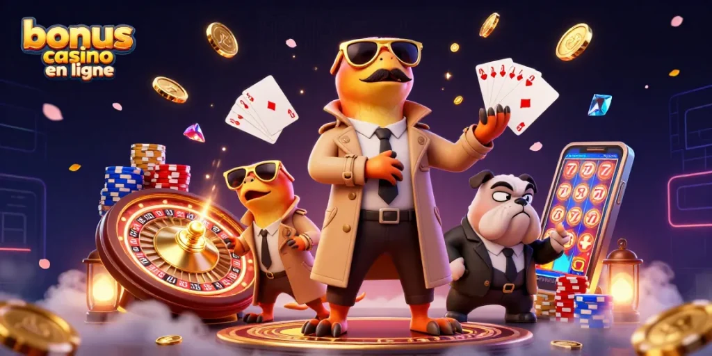 Profitez de bonus casino en ligne en observant des raptors déguisés en VIP dans une ambiance de casino animée.