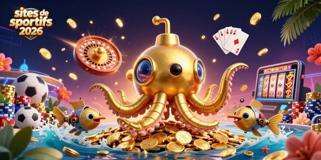 Vivez l'aventure des sites de paris sportifs 2026 avec une illustration dynamique du kraken et d'éléments de jeu.