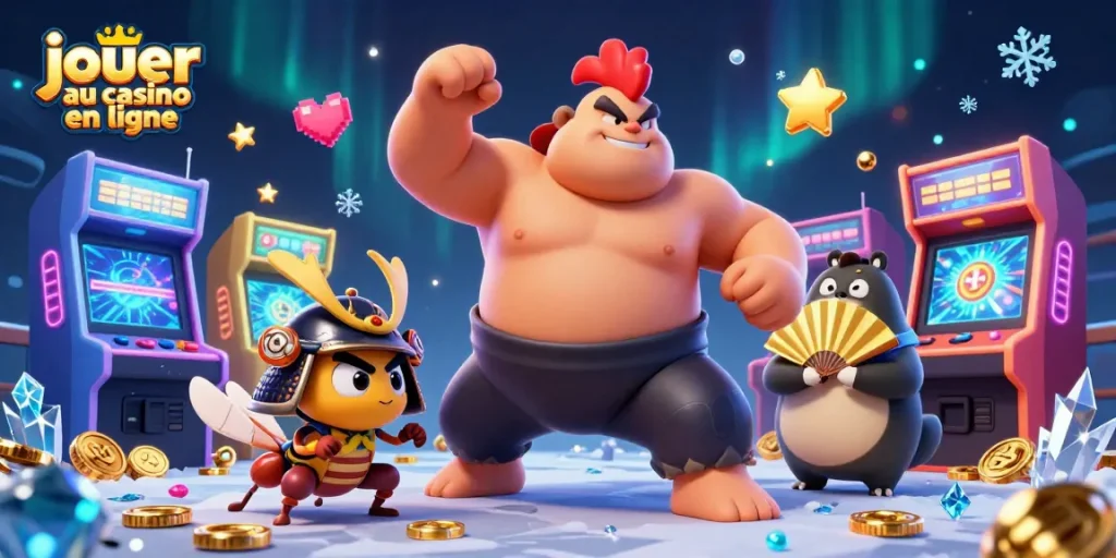 Jouer au casino en ligne avec une ambiance colorée et dynamique entre un sumo, un grillon et un tanuki.