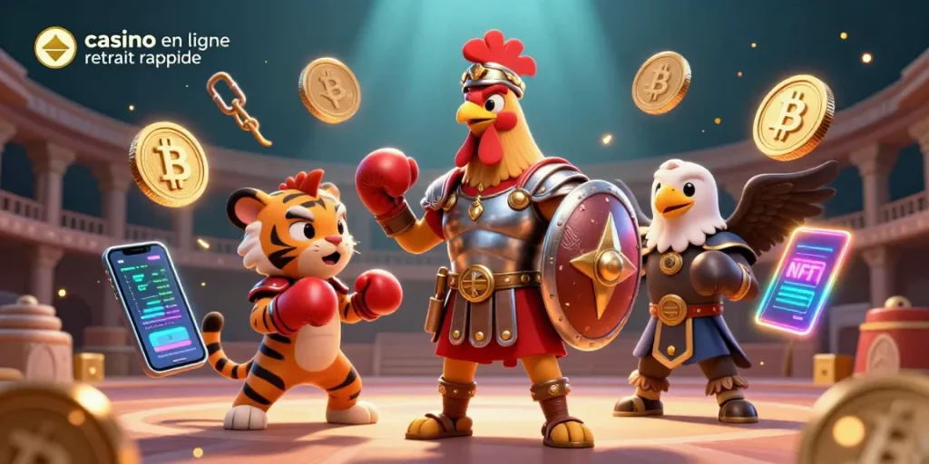 Profitez d'une expérience de jeu dynamique avec un casino en ligne à retrait rapide, illustrée par un coq gladiateur et un tigre.