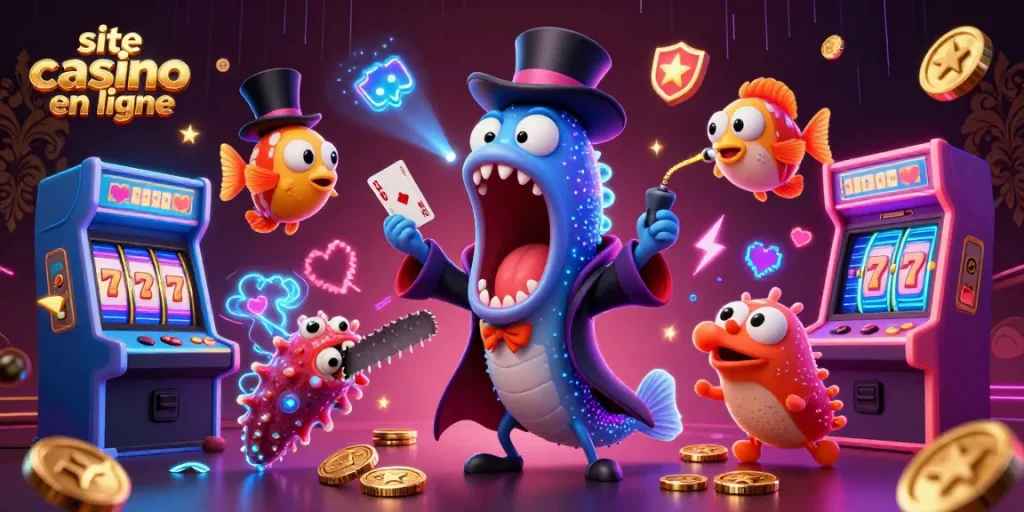 Un site casino en ligne animé avec une anguille, un poisson-lanterne et un concombre de mer dans un spectacle magique captivant.
