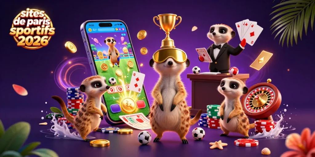 Les sites de paris sportifs 2026 animés par des suricates en pleine action avec des éléments de jeu captivants.