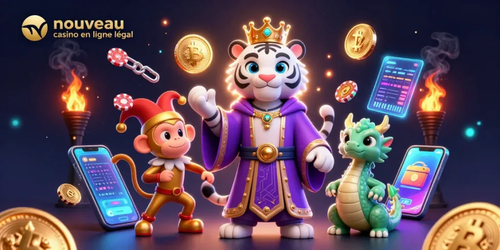 Jouer sur un nouveau casino en ligne légal avec un tigre élégant entouré de pièces crypto