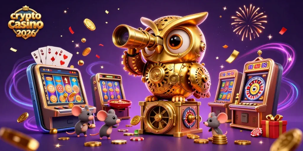 Illustration dynamique des meilleurs crypto casinos 2026 avec une chouette dorée et des machines à sous flamboyantes.