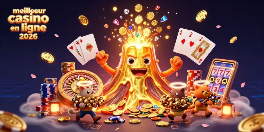 Admirez le meilleur casino en ligne 2026 avec une scène dynamique de trésor, volcans, et jeux d'argent.