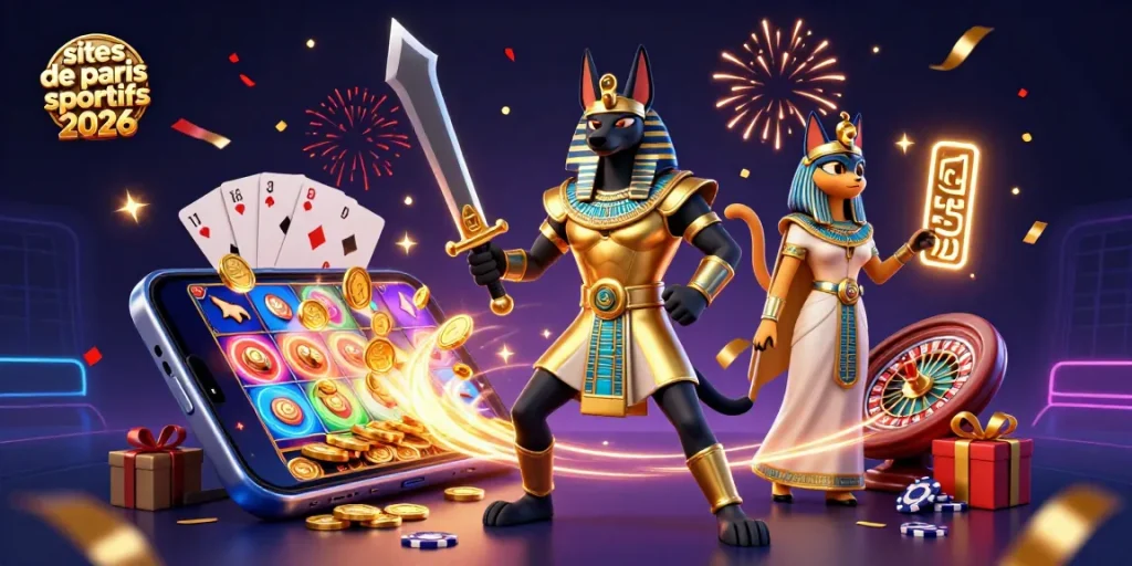 Jouez sur les sites de paris sportifs 2026 avec Anubis et Bastet, entourés de jeux d'argent et d'effets vibrants.
