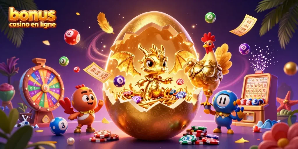 Bonus casino en ligne : dragon et jetons de poker entourés de loterie joyeuse.