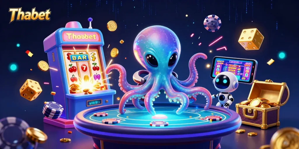 Thabet offers thrilling gameplay with a magical 3D alien octopus at the poker table amidst colorful casino excitement.