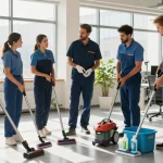 Professionelle Gebäudereinigung durch ein Team in einem modernen Büro mit hochwertigen Reinigungsmitteln