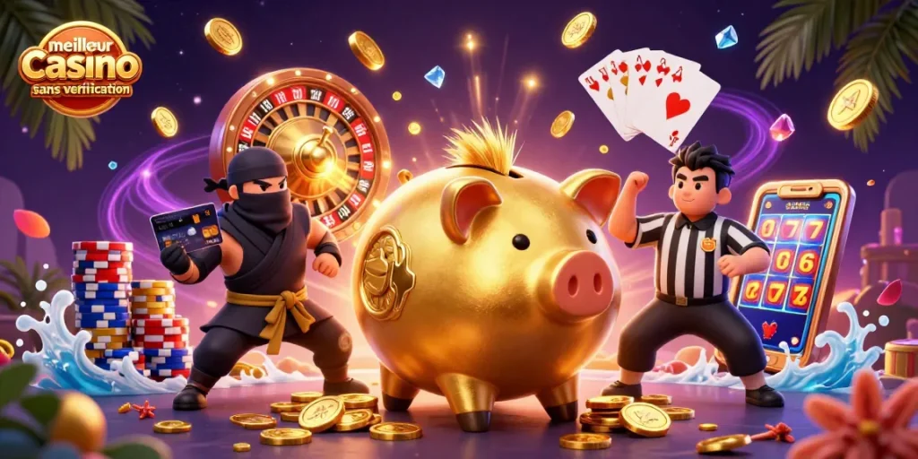 Illustration d'un meilleur casino sans vérification avec un sumo de tirelire, un ninja et un samouraï.